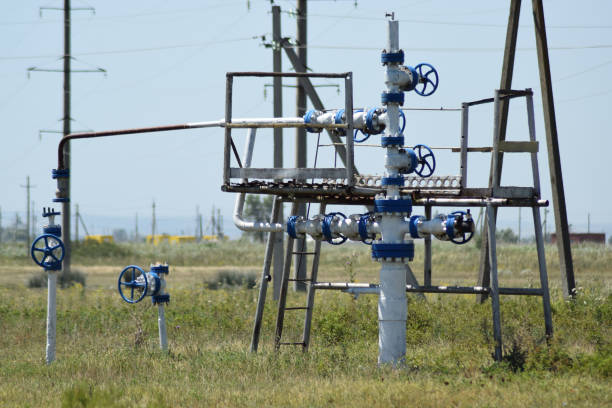 Red and white wellhead valve tree in an open field